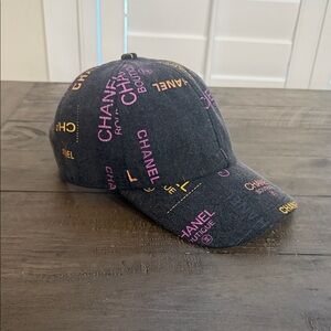 CHANEL Black Baseball Cap with Pink & Yellow Logo Accents